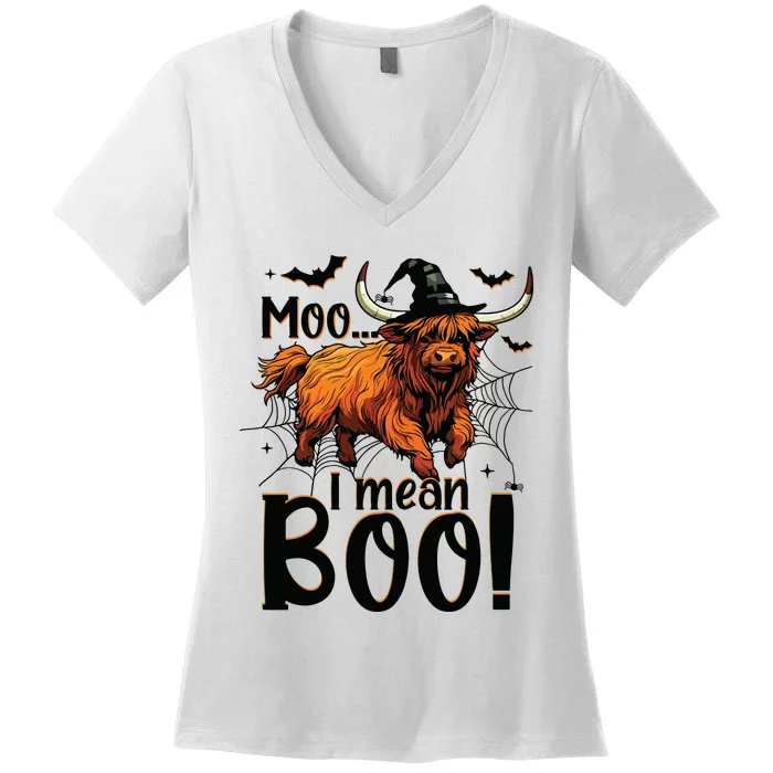 Funny Halloween Highland Cow Spooky Design Scary Farmer Women's V-Neck T-Shirt