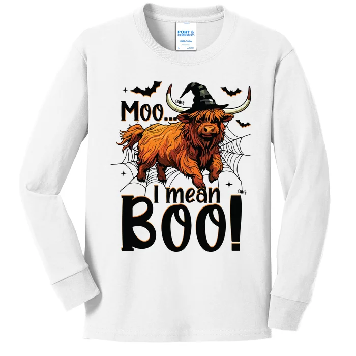 Funny Halloween Highland Cow Spooky Design Scary Farmer Kids Long Sleeve Shirt