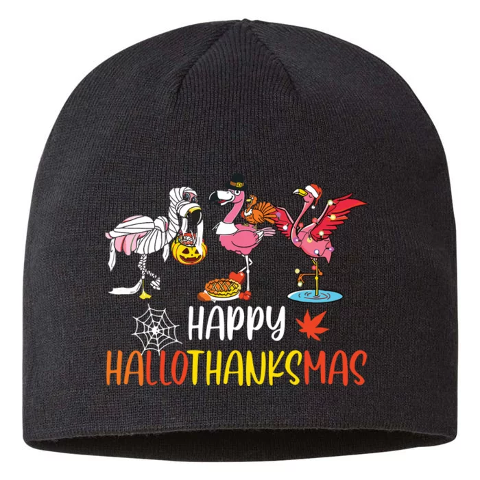 Flamingo Halloween Happy Hallothanksmas Thanksgiving Xmas 8 1/2in Sustainable Knit Beanie