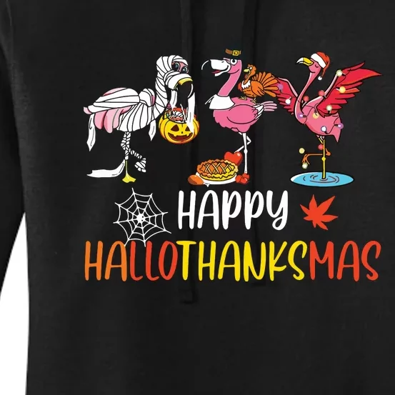 Flamingo Halloween Happy Hallothanksmas Thanksgiving Xmas Women's Pullover Hoodie