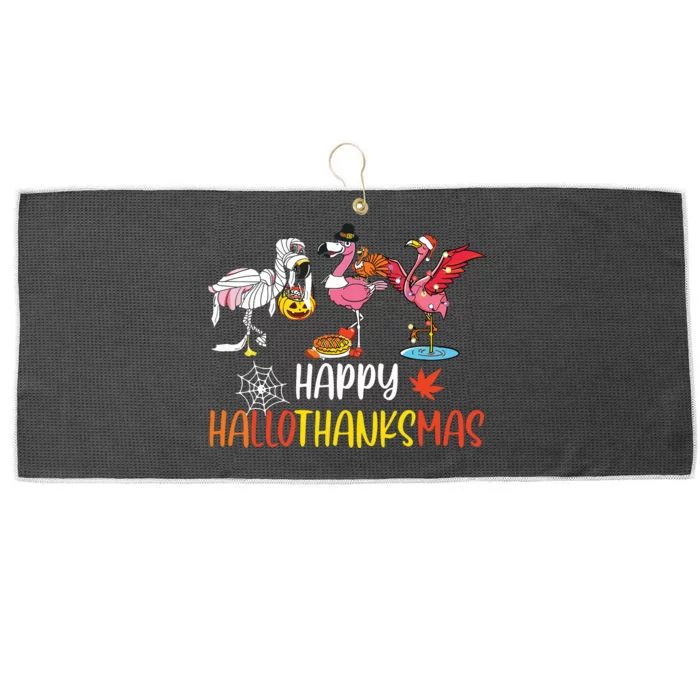 Flamingo Halloween Happy Hallothanksmas Thanksgiving Xmas Large Microfiber Waffle Golf Towel