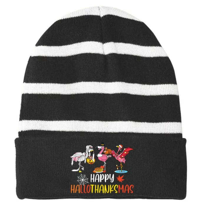 Flamingo Halloween Happy Hallothanksmas Thanksgiving Xmas Striped Beanie with Solid Band