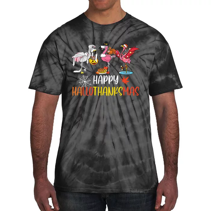 Flamingo Halloween Happy Hallothanksmas Thanksgiving Xmas Tie-Dye T-Shirt