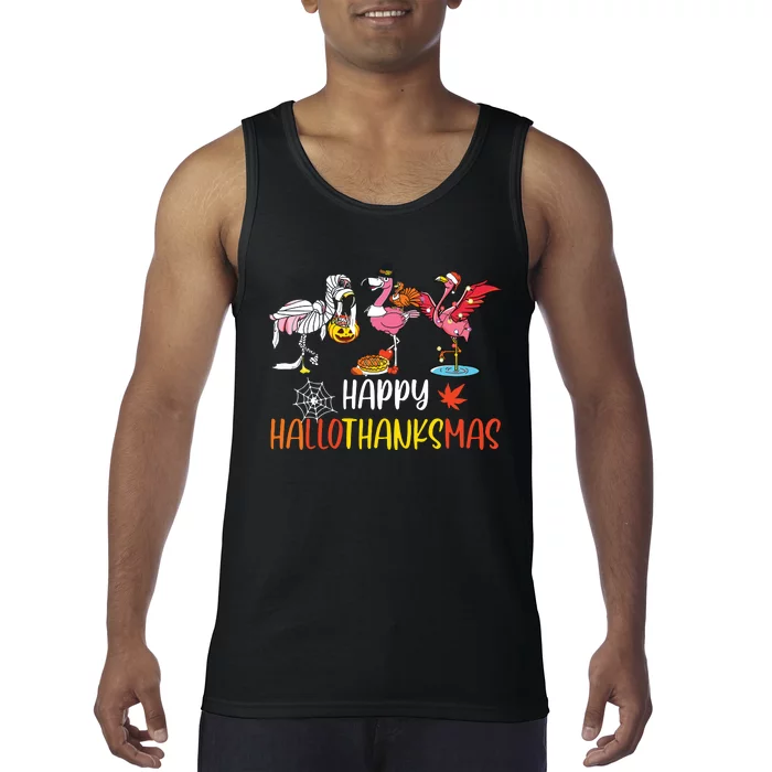 Flamingo Halloween Happy Hallothanksmas Thanksgiving Xmas Tank Top