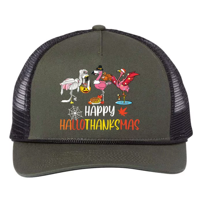 Flamingo Halloween Happy Hallothanksmas Thanksgiving Xmas Retro Rope Trucker Hat Cap