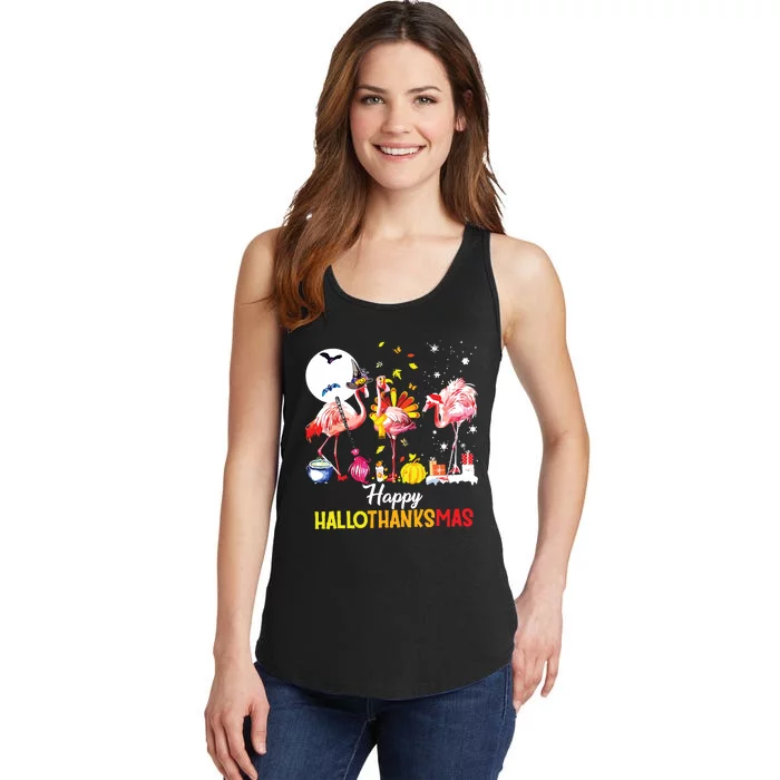 Flamingo Happy Hallothanksmas Funny Halloween Thanksgiving Ladies Essential Tank