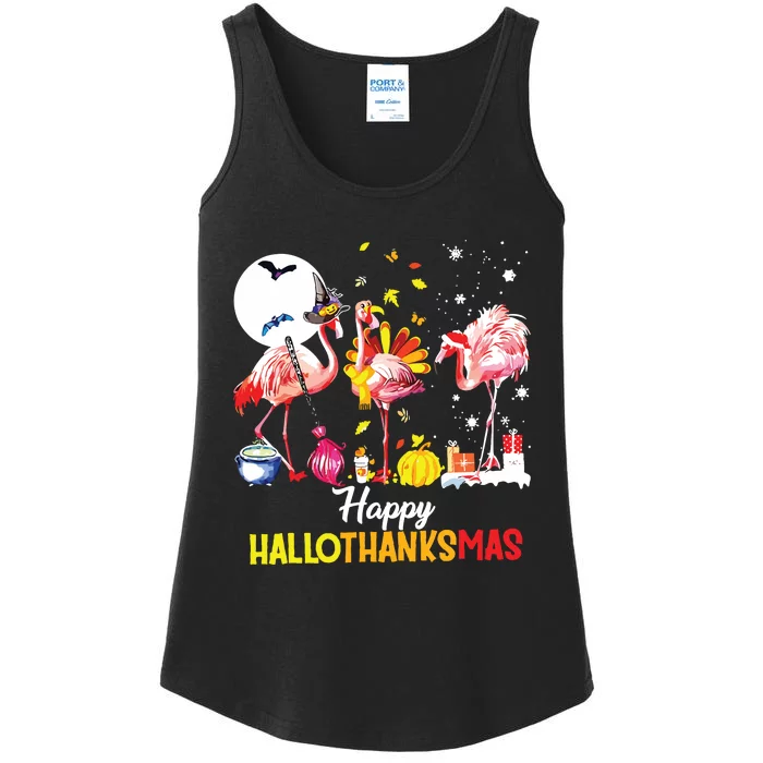 Flamingo Happy Hallothanksmas Funny Halloween Thanksgiving Ladies Essential Tank