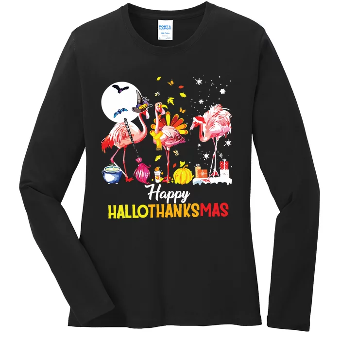 Flamingo Happy Hallothanksmas Funny Halloween Thanksgiving Ladies Long Sleeve Shirt