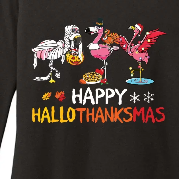 Flamingo Happy Hallothanksmas Funny Halloween Thanksgiving Womens CVC Long Sleeve Shirt