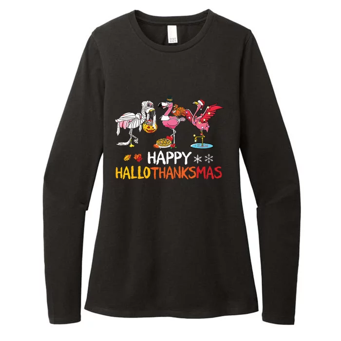 Flamingo Happy Hallothanksmas Funny Halloween Thanksgiving Womens CVC Long Sleeve Shirt