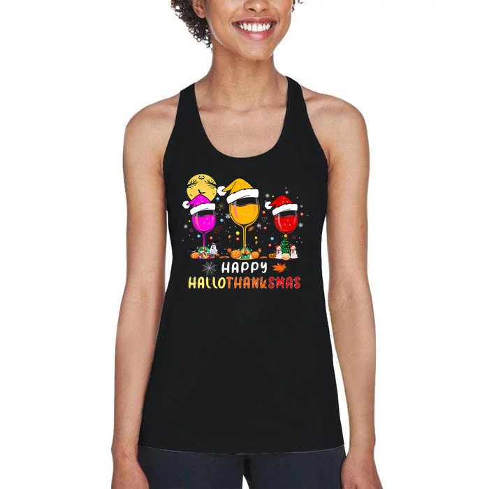 Funny Happy Hallothanksmas Wine Glasses Santa Hat Pumpkin Women's Racerback Tank