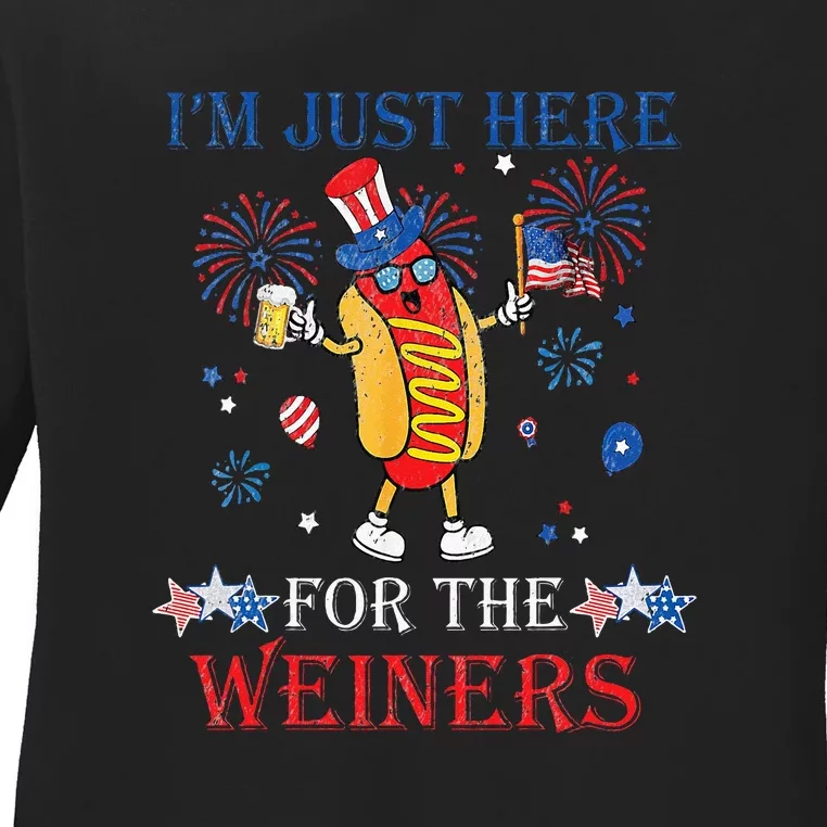 Funny Hotdog Im Just Here For The Wieners 4Th Of July Gift Ladies Long Sleeve Shirt