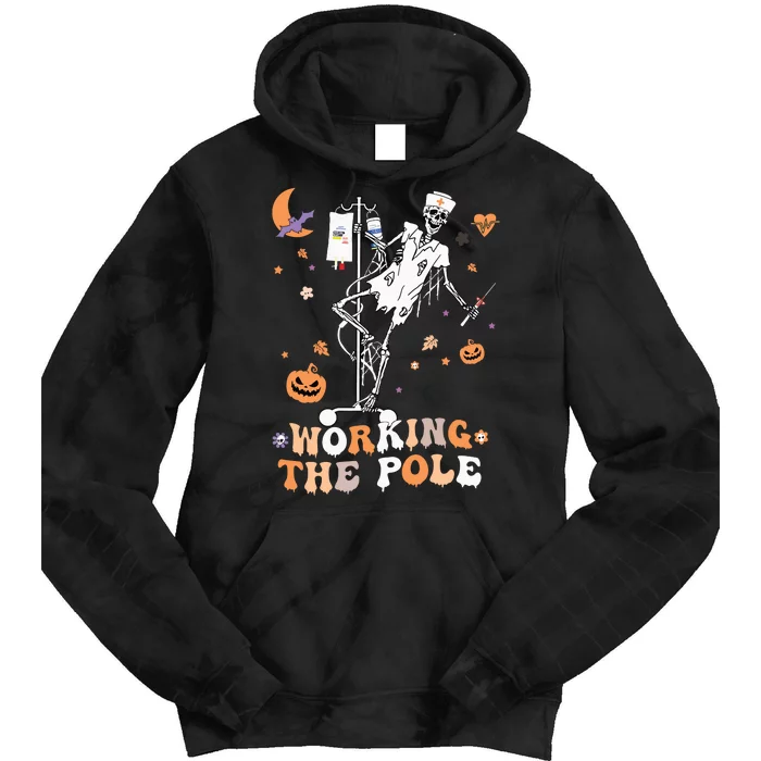 Funny Halloween Icu Er Nurse Working The Pole Skeleton Dance Tie Dye Hoodie