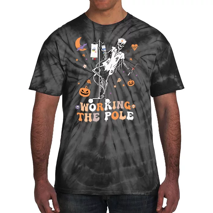 Funny Halloween Icu Er Nurse Working The Pole Skeleton Dance Tie-Dye T-Shirt