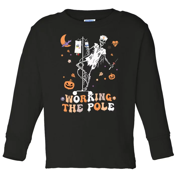 Funny Halloween Icu Er Nurse Working The Pole Skeleton Dance Toddler Long Sleeve Shirt