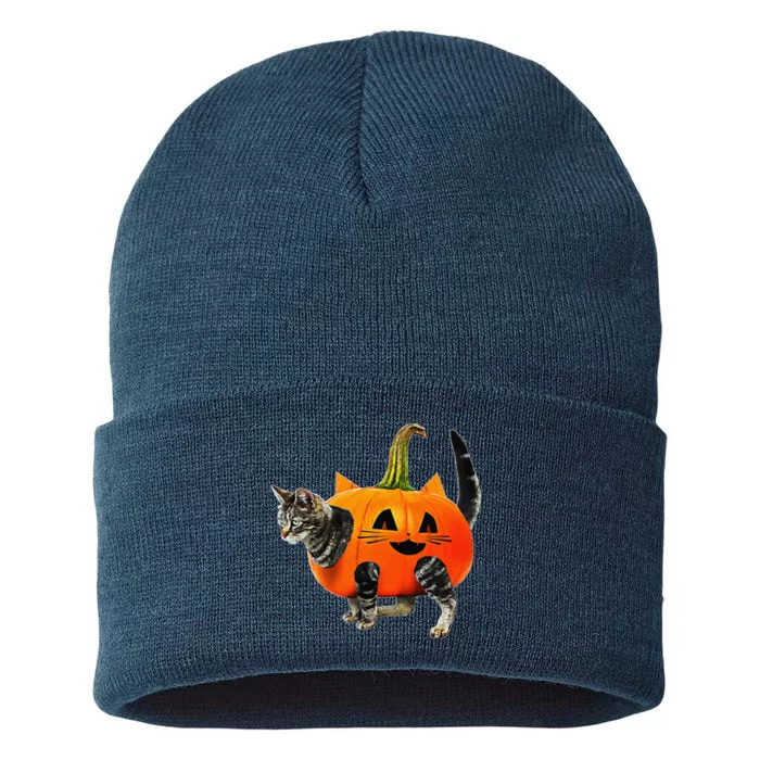 Funny Halloween JackOLantern Pumpkin Cat For Sustainable Knit Beanie