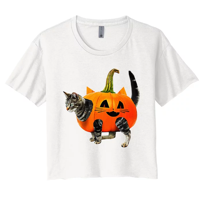 Funny Halloween Jack O Lantern Pumpkin Cat Women's Crop Top Tee