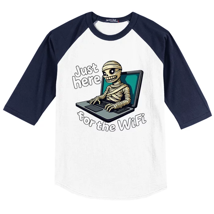 Funny Halloween Just Here For Wifi Mummy Laptop Coffee Shop Baseball Sleeve Shirt