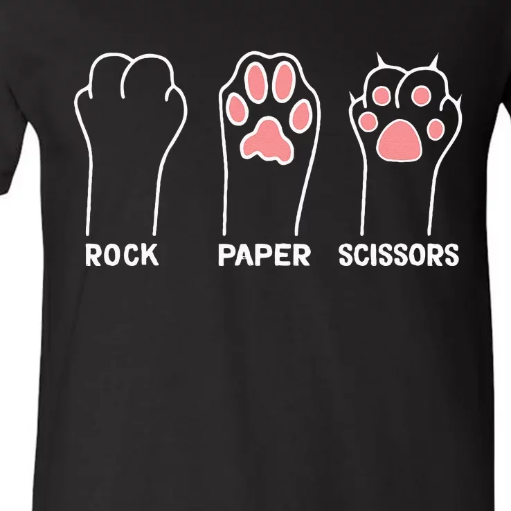 funny Hand Kitten dog Joke Game Rock Paper Scissors cat paws V-Neck T-Shirt