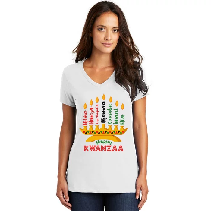 Funny Happy Kwanzaa Kinara Seven Candles Principles Of Kwanzaa Women's V-Neck T-Shirt