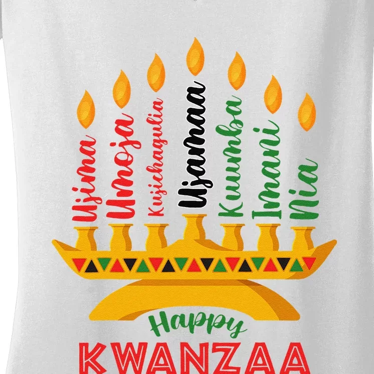 Funny Happy Kwanzaa Kinara Seven Candles Principles Of Kwanzaa Women's V-Neck T-Shirt