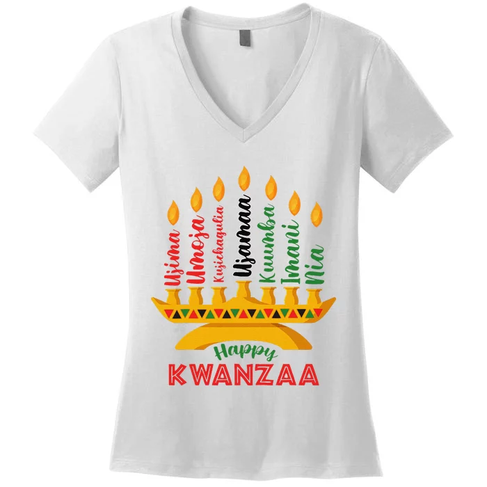 Funny Happy Kwanzaa Kinara Seven Candles Principles Of Kwanzaa Women's V-Neck T-Shirt