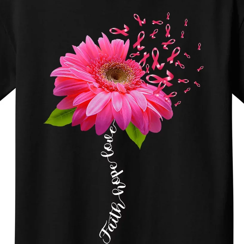 Faith Hope Love Pink Ribbon Daisy Flower Breast Cancer Kids T-Shirt