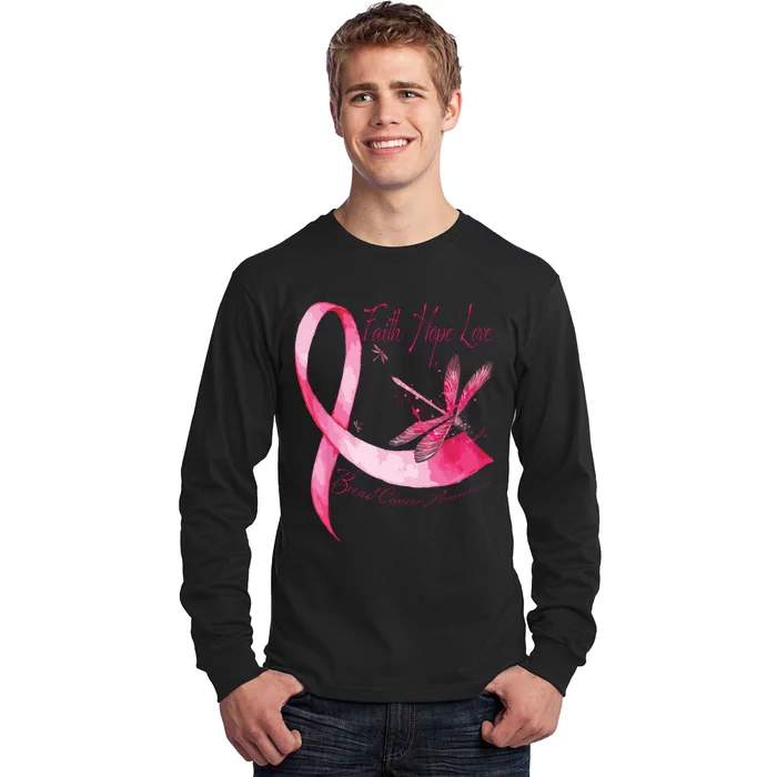 Faith Hope Love Dragonfly Pink Ribbon Breast Cancer Long Sleeve Shirt