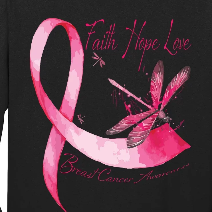 Faith Hope Love Dragonfly Pink Ribbon Breast Cancer Long Sleeve Shirt