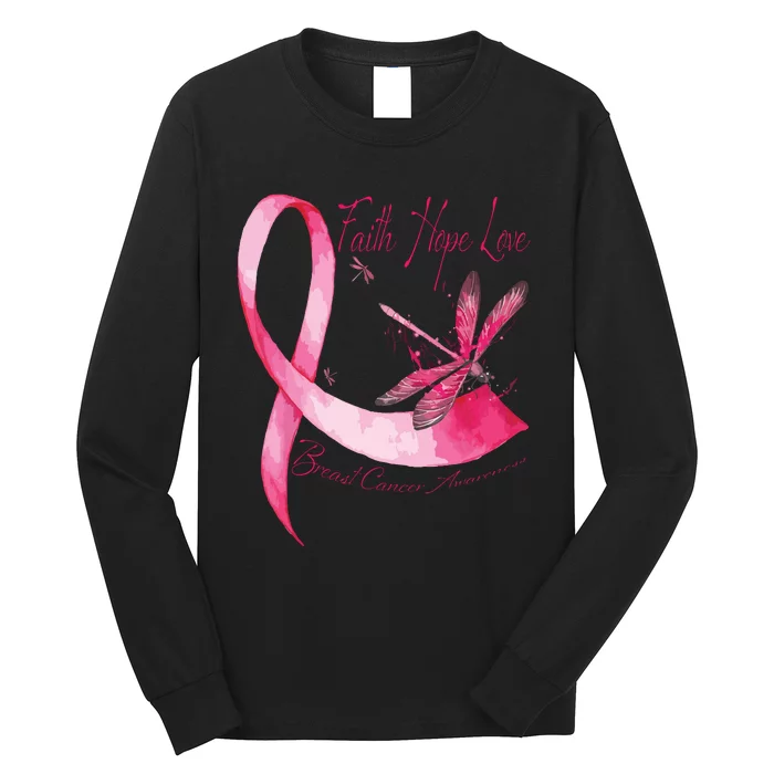 Faith Hope Love Dragonfly Pink Ribbon Breast Cancer Long Sleeve Shirt