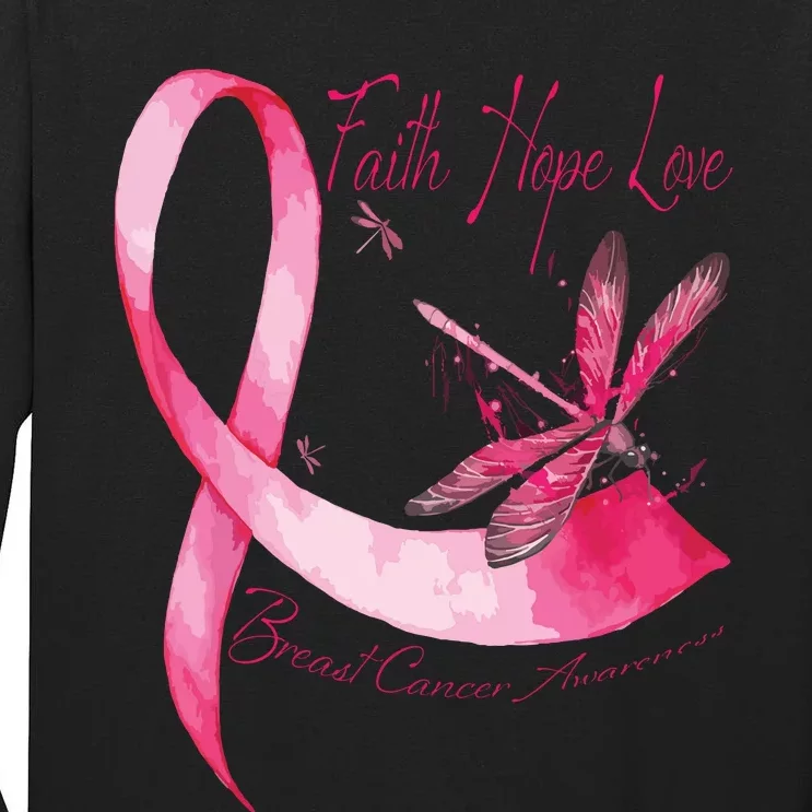 Faith Hope Love Dragonfly Pink Ribbon Breast Cancer Tall Long Sleeve T-Shirt