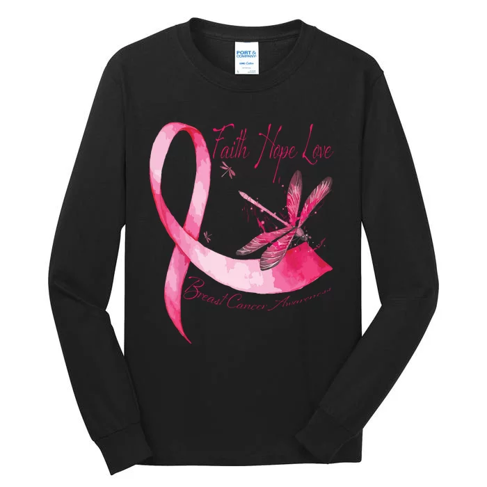 Faith Hope Love Dragonfly Pink Ribbon Breast Cancer Tall Long Sleeve T-Shirt