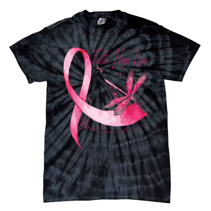 Faith Hope Love Dragonfly Pink Ribbon Breast Cancer Tie-Dye T-Shirt