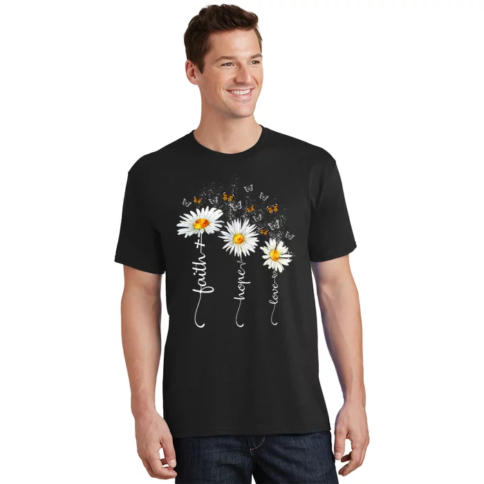 Faith & Hope & Love Butterfly Daisy Chirstian God Religious T-Shirt