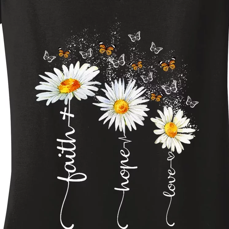 Faith & Hope & Love Butterfly Daisy Chirstian God Religious Women's V-Neck T-Shirt