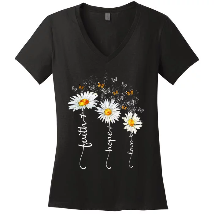 Faith & Hope & Love Butterfly Daisy Chirstian God Religious Women's V-Neck T-Shirt