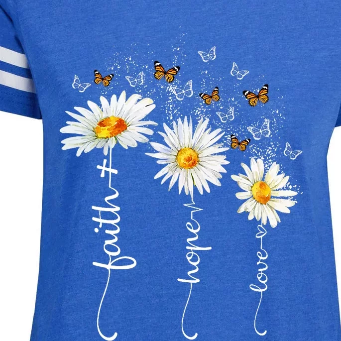 Faith & Hope & Love Butterfly Daisy Chirstian God Religious Enza Ladies Jersey Football T-Shirt