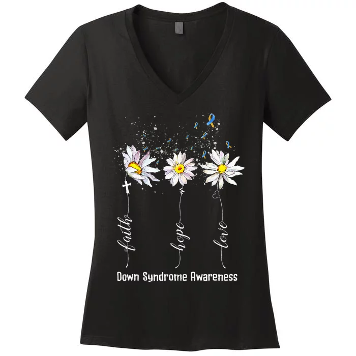 Faith Hope Love Down Syndrome Awareness Flower Gifts Women's V-Neck T-Shirt