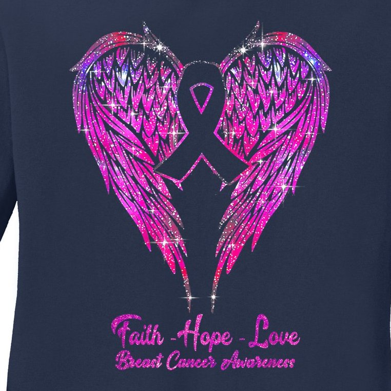 Faith Hope Love Wings TShirt Breast Cancer Awareness Pink Ladies Missy Fit Long Sleeve Shirt