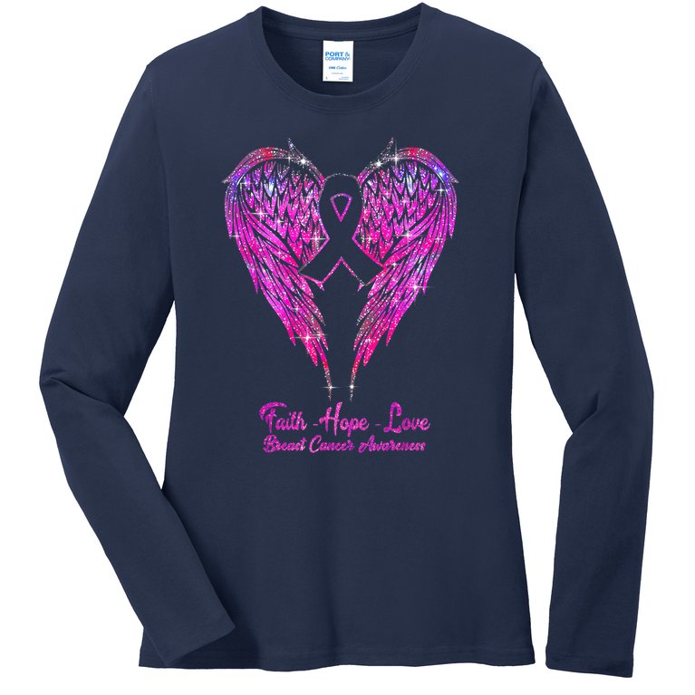 Faith Hope Love Wings TShirt Breast Cancer Awareness Pink Ladies Missy Fit Long Sleeve Shirt