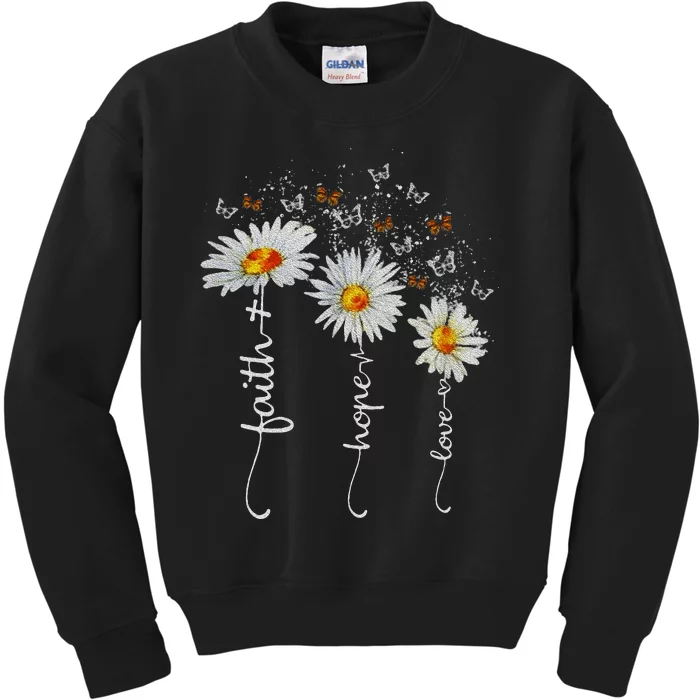 Faith Hope Love Butterfly Daisy Chirstian God Kids Sweatshirt