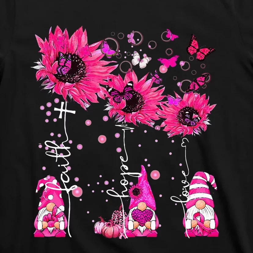 Faith Hope Love Gnome Ribbon Breast Cancer Awareness Flower T-Shirt