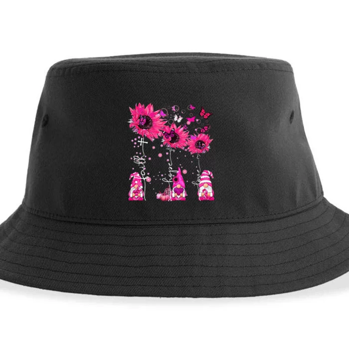 Faith Hope Love Gnome Ribbon Breast Cancer Awareness Flower Sustainable Bucket Hat