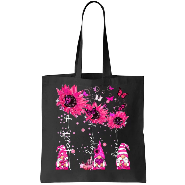 Faith Hope Love Gnome Ribbon Breast Cancer Awareness Flower Tote Bag