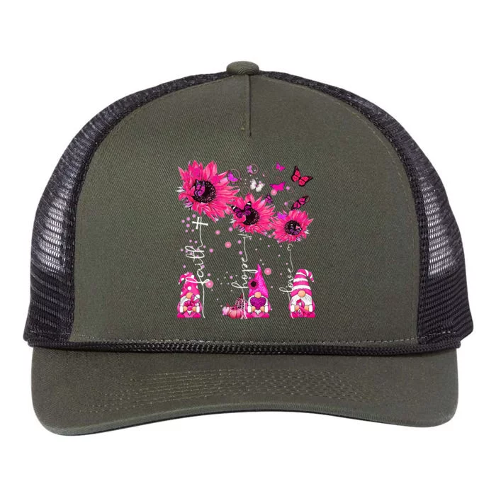 Faith Hope Love Gnome Ribbon Breast Cancer Awareness Flower Retro Rope Trucker Hat Cap