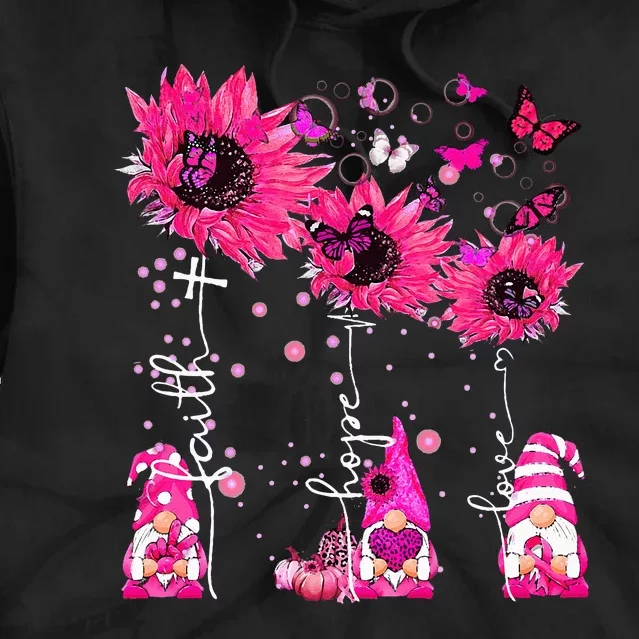 Faith Hope Love Gnome Ribbon Breast Cancer Awareness Flower Tie Dye Hoodie