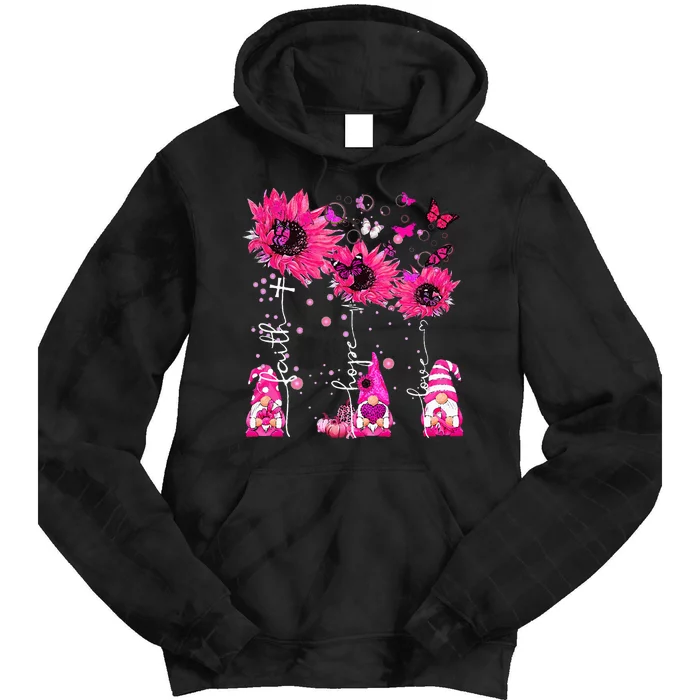 Faith Hope Love Gnome Ribbon Breast Cancer Awareness Flower Tie Dye Hoodie