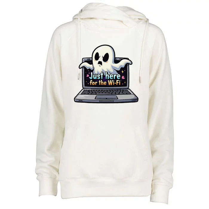 Funny Halloween Laptop Wifi Ghost Coffee Shop Computer Womens Funnel Neck Pullover Hood