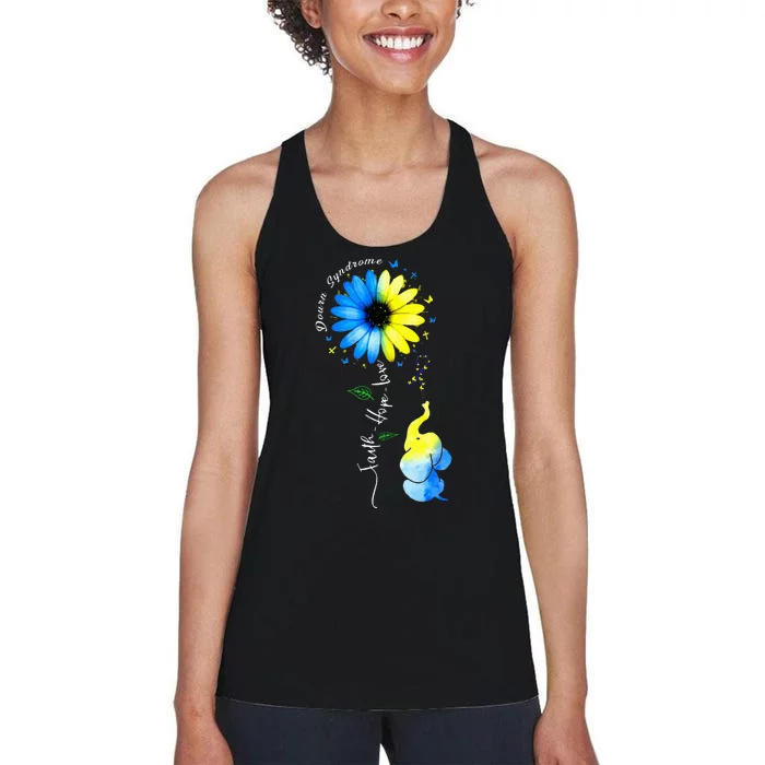 Faith Hope Love Awareness Down's Syndrome, the Blue Elephant Women's Racerback Tank