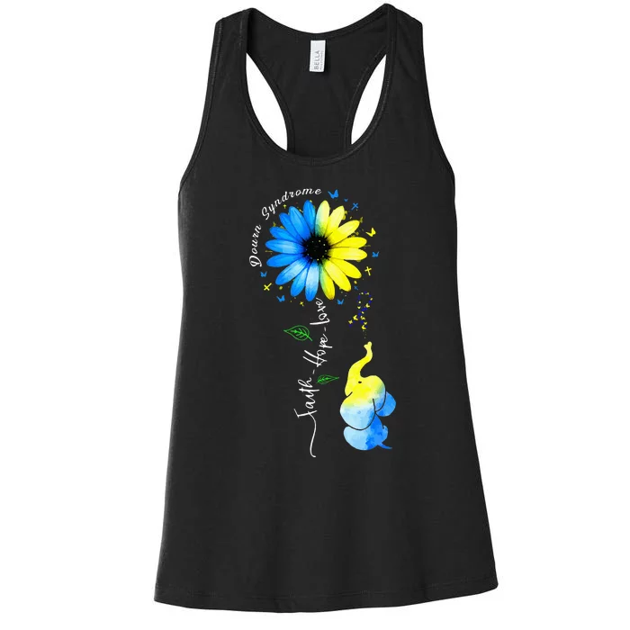 Faith Hope Love Awareness Down's Syndrome, the Blue Elephant Women's Racerback Tank